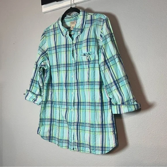 L.L. Bean Button Up Front Shirt Blouse Cotton Blue Green Plaid Size Large - Picture 1 of 9